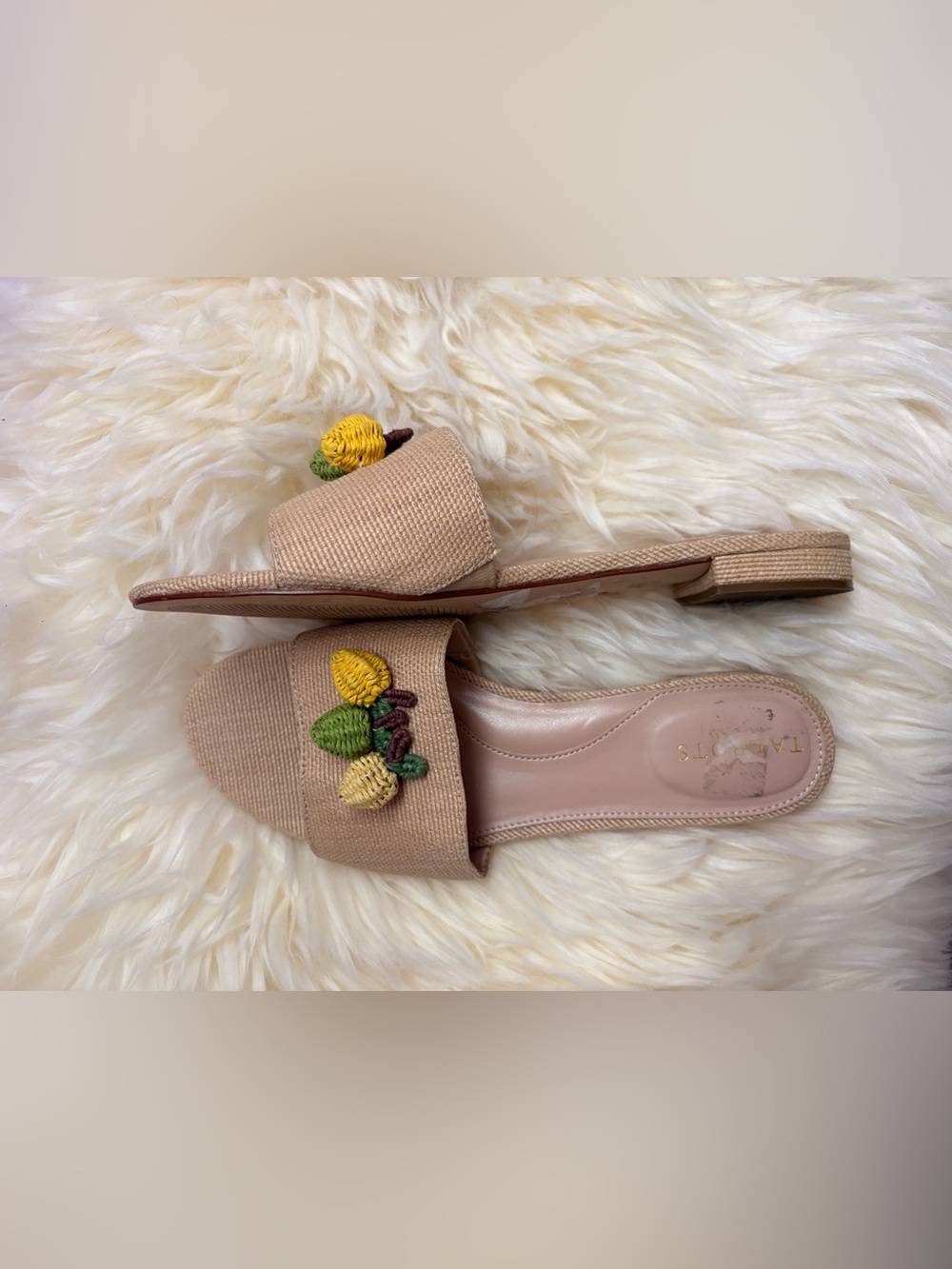 Talbots Beige Embroidered Slide Sandals with Yellow & Green Accents